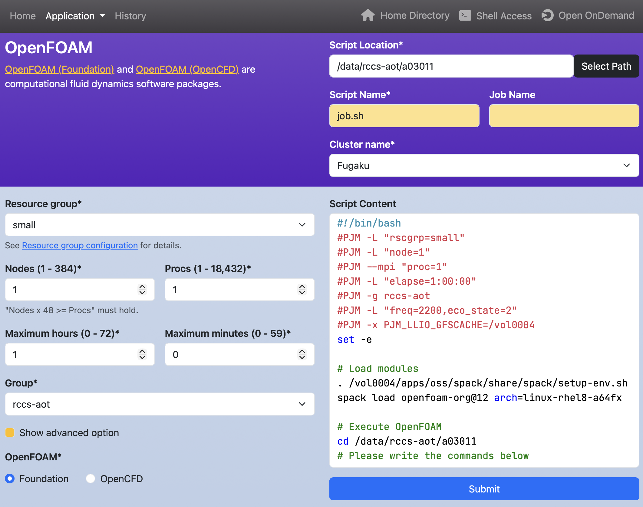 Application page